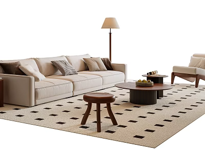 Modern Beige Sofa Coffee Table Set With Checkered Rug Accent Chair And Floor Lamp 3d model
