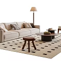 Modern Beige Sofa Coffee Table Set With Checkered Rug Accent Chair And Floor Lamp