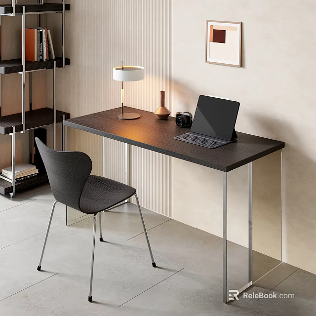 Modern Simple Desk With Laptop Table Lamp Decorative Vase Chair And Bookshelf 3d model 