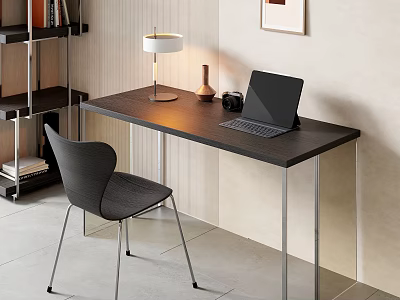 Modern Simple Desk With Laptop Table Lamp Decorative Vase Chair And Bookshelf 3d model