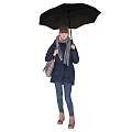 Woman Holding Black Umbrella Wearing Dark Blue Coat Scarf Blue Jeans And Pink Shoes