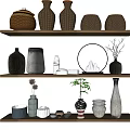 Stylish Decorative Ornament Combination On Shelves With Vases Decorative Ring Small Plants And Dried Flowers