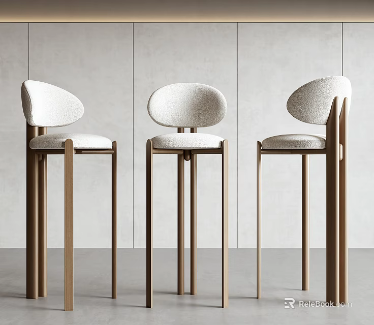 Modern Bar Stools With White Seats Rounded Backs And Wooden Legs Against Grey Walls 3d model 
