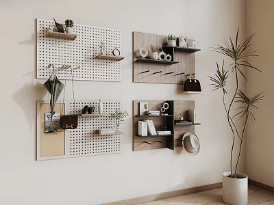 Stylish Wall Decor With Perforated Boards Wooden Shelves Plants Mugs And Books For Modern Interior 3d model