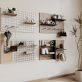 Stylish Wall Decor With Perforated Boards Wooden Shelves Plants Mugs And Books For Modern Interior