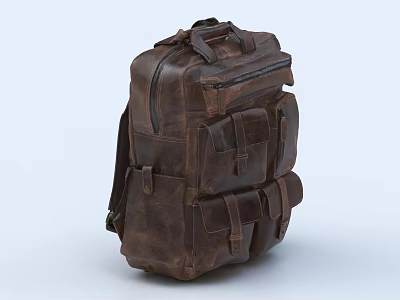 Brown Leather Backpack With Vintage Design Multiple Pockets And Adjustable Straps 3d model