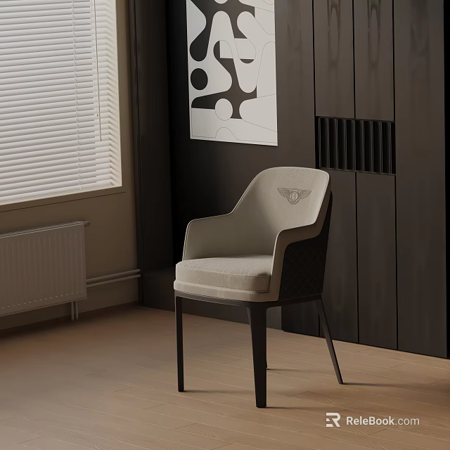 Light Gray Upholstered Accent Chair With Dark Legs Against Dark Wall And Window Blinds 3d model 
