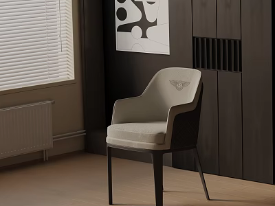 Light Gray Upholstered Accent Chair With Dark Legs Against Dark Wall And Window Blinds 3d model