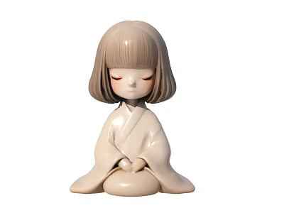 Ceramic Girl Figurine in Traditional Kimono with Short Hair Closed Eyes Seated Hands Folded 3d model