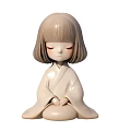 Ceramic Girl Figurine in Traditional Kimono with Short Hair Closed Eyes Seated Hands Folded