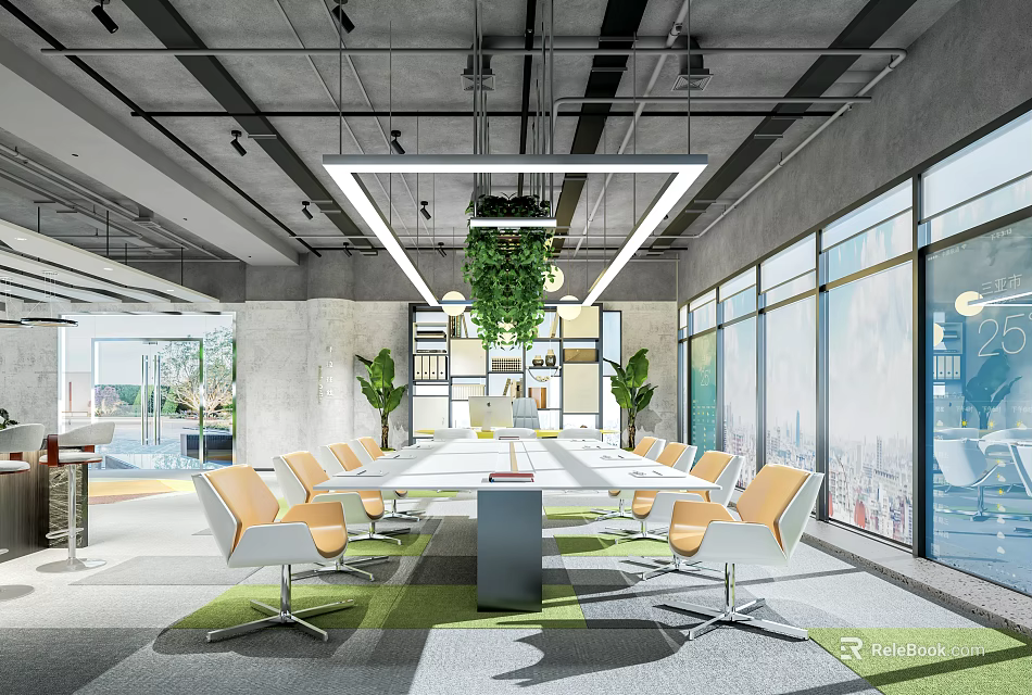Modern Conference Room With Large Windows Round Table Orange White Chairs Greenery And City View 3d model 