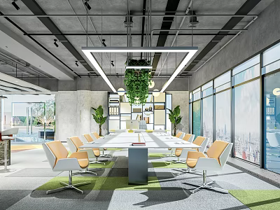 Modern Conference Room With Large Windows Round Table Orange White Chairs Greenery And City View 3d model