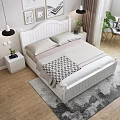 White Double Bed with Headboard Storage Drawers Comforter Wall Art Hanging Lamps and Indoor Plants