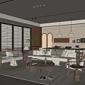 Modern Living And Dining Room Interior With Sofa Coffee Table Pendant Lights And Wooden Shutters