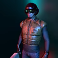 Sci Fi Character In Armor Vest Standing On Broken Stone Platform With Goggles