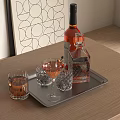Elegant Wine Bottle And Glasses On Metal Tray With Geometric Wall Art On Wooden Table