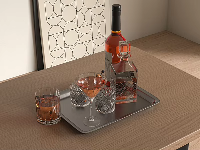 Elegant Wine Bottle And Glasses On Metal Tray With Geometric Wall Art On Wooden Table 3d model