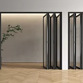 Modern Folding Doors with Black Frames Glass Panels Vertical Stripes Wooden Flooring and Green Plant