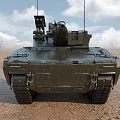 Modern Military Tank With Turret Tracks And Antennas On Dry Arid Ground