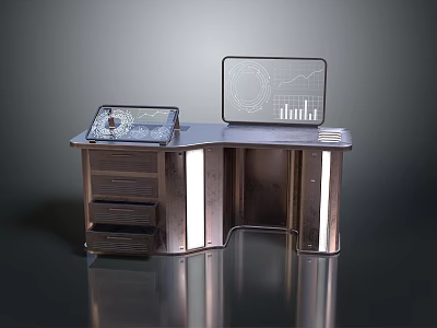 Modern L Shaped Office Desk With Dual Screens Charts Map And Wooden Drawers 3d model