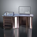 Modern L Shaped Office Desk With Dual Screens Charts Map And Wooden Drawers