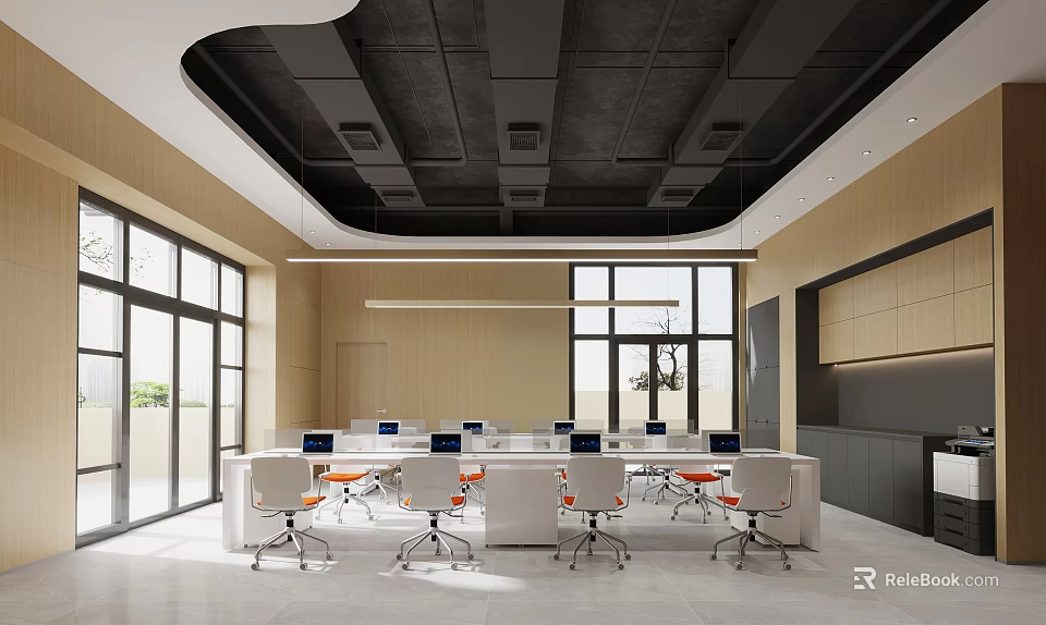 Modern Office Interior With Open Space White Desks Orange Chairs And Large Windows 3d model 