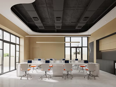 Modern Office Interior With Open Space White Desks Orange Chairs And Large Windows 3d model