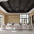 Modern Office Interior With Open Space White Desks Orange Chairs And Large Windows