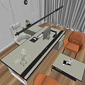 Modern Office Desk With White Tabletop Computer Chair And Decorative Vase And Orange Seating