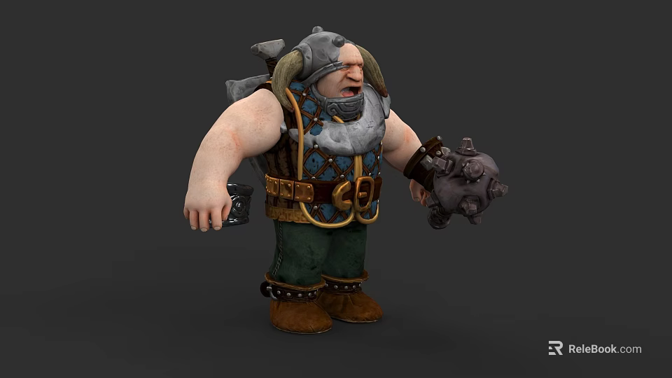 Game and Movie Character With Horned Helmet Heavy Armor Holding Mace Green Pants Brown Boots 3d model 