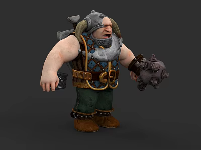 Game and Movie Character With Horned Helmet Heavy Armor Holding Mace Green Pants Brown Boots 3d model