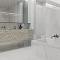 Modern Bathroom Interior With White Marble Walls Glass Shower Towel Rack Double Vanity And Mirror