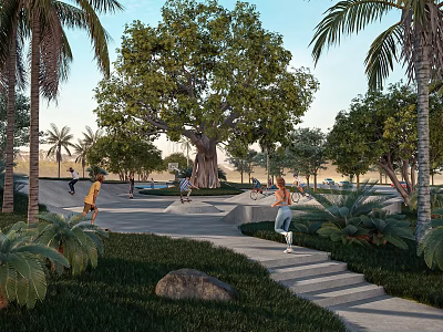 Park Landscape With Skate Park People Skateboarding Large Tree Palm Trees Grass And Stone Steps 3d model