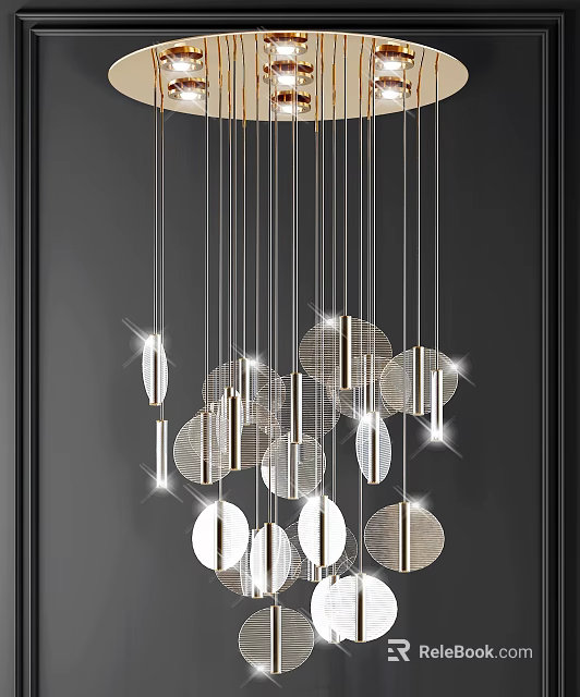 Modern Chandelier Design With Multiple Illuminated Circular And Cylindrical Metallic Pendants 3d model