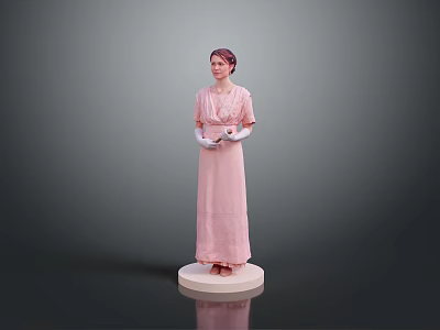 Woman In Pink Long Dress With Headscarf And White Gloves Standing On White Base 3d model