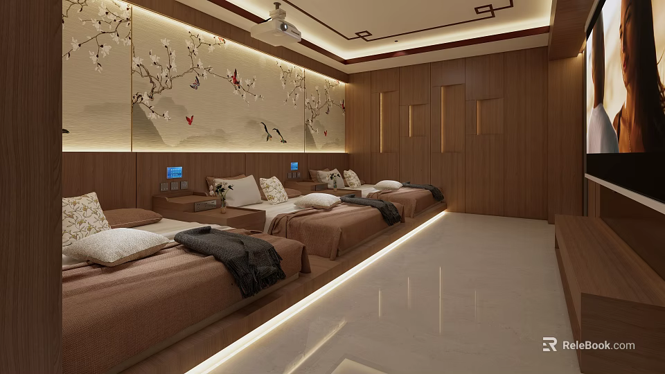 Modern SPA Sauna Room With Wooden Decor Massage Beds And Ambient Lighting 3d model 