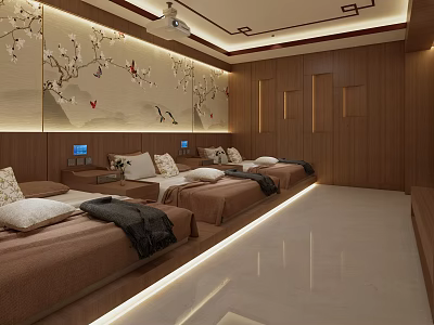 Modern SPA Sauna Room With Wooden Decor Massage Beds And Ambient Lighting 3d model