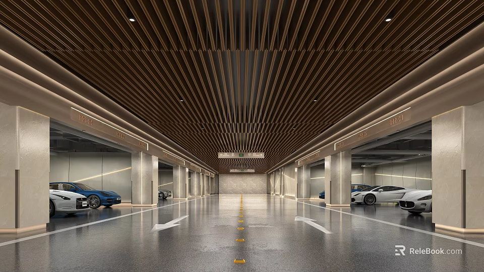 Modern Garage Interior Design With Wooden Slat Ceiling Polished Floor And Parked Cars 3d model 