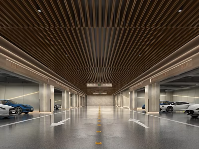 Modern Garage Interior Design With Wooden Slat Ceiling Polished Floor And Parked Cars 3d model
