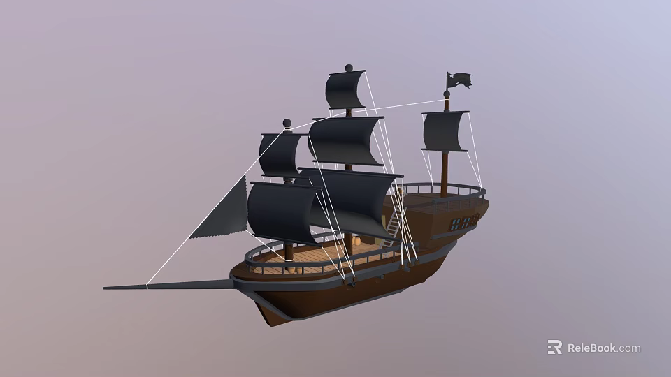 Wooden Pirate Ship With Black Sails Masts And Jolly Roger Flag 3d model 
