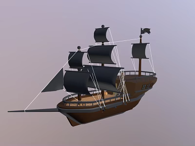 Wooden Pirate Ship With Black Sails Masts And Jolly Roger Flag 3d model