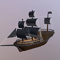 Wooden Pirate Ship With Black Sails Masts And Jolly Roger Flag