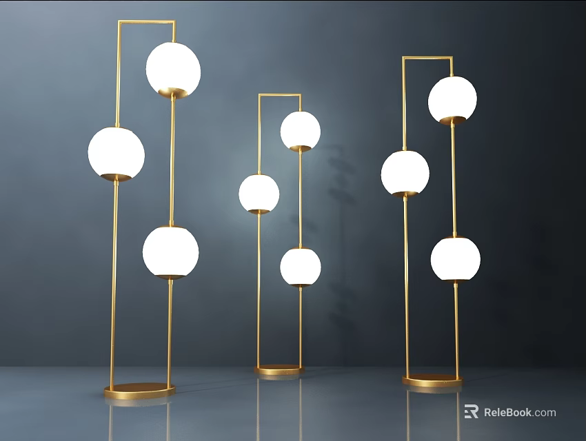 Modern Floor Lamps With Golden Stands And White Spherical Shades 3d model 