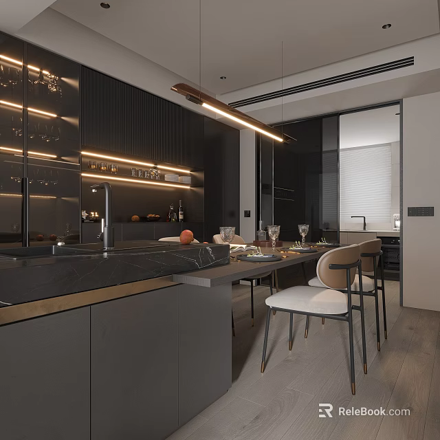 Modern Restaurant Open Kitchen Design With Black Cabinets And Dining Counter 3d model