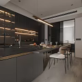 Modern Restaurant Open Kitchen Design With Black Cabinets And Dining Counter 3d model