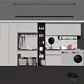 Modern Home Balcony Laundry Area With Washing Machine Dryer Cabinets Clothes Hanging And Storage Baskets