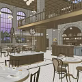 Commercial Street Interior With Two Floors Brick Walls Chandeliers Arched Doorways And Tables