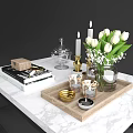 Decorative Ornament Set with White Tulips Gold Candlesticks Glass Jar Wooden Box and Marble Tray
