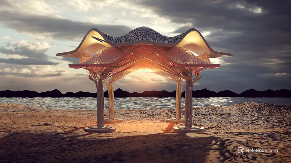 Modern Beach Shade Canopy With Branch Like Pillars And Perforated Top Under Sunset 3d model 