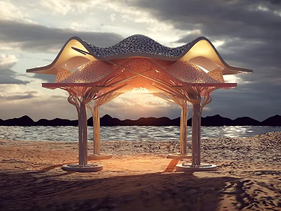 Modern Beach Shade Canopy With Branch Like Pillars And Perforated Top Under Sunset 3d model
